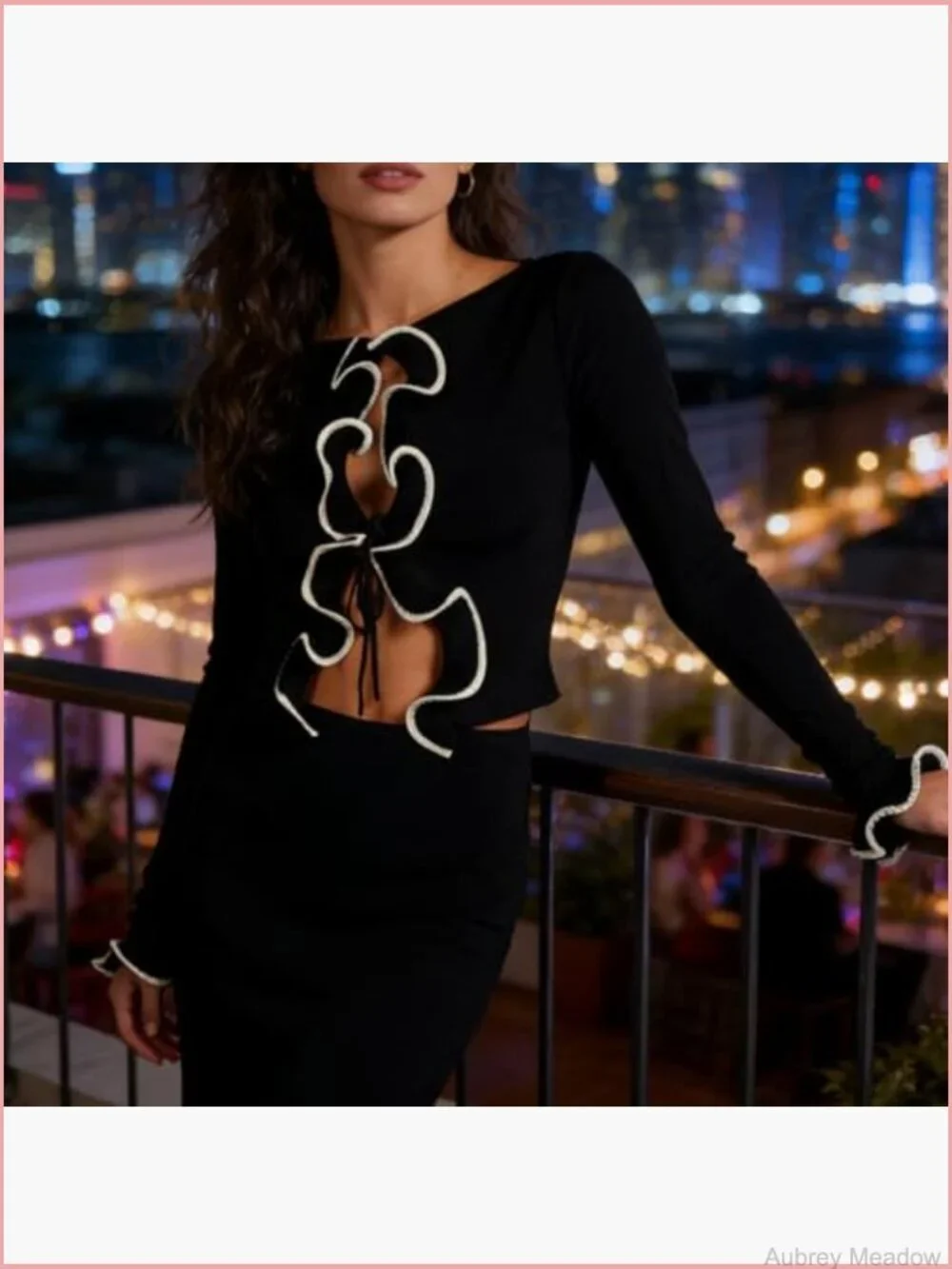 Elegant Tie Front Ruffle Knit Crop Cardigan Long Sleeve Open Front Contrast